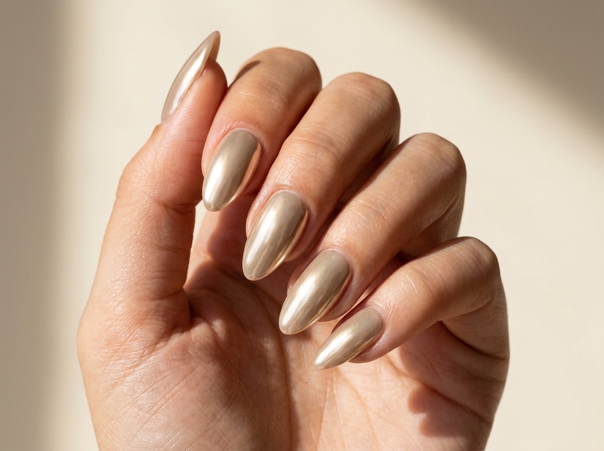 Almond nails in pale champagne with soft beige-gold reflections.