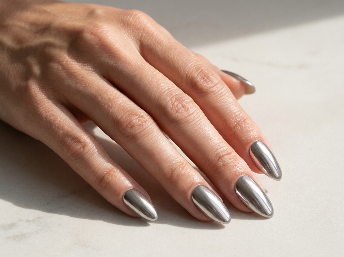 Almond nails with silvery gray platinum-style reflections.