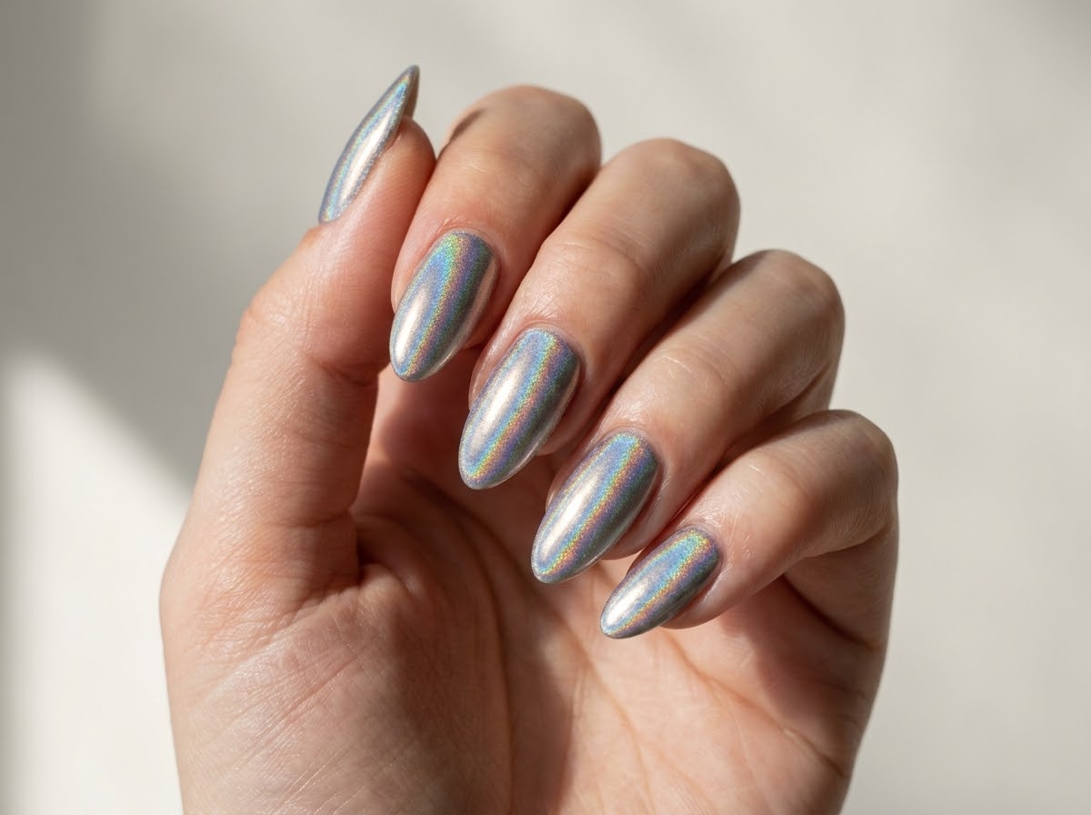 Silver almond nails showing fine rainbow bands in direct light.