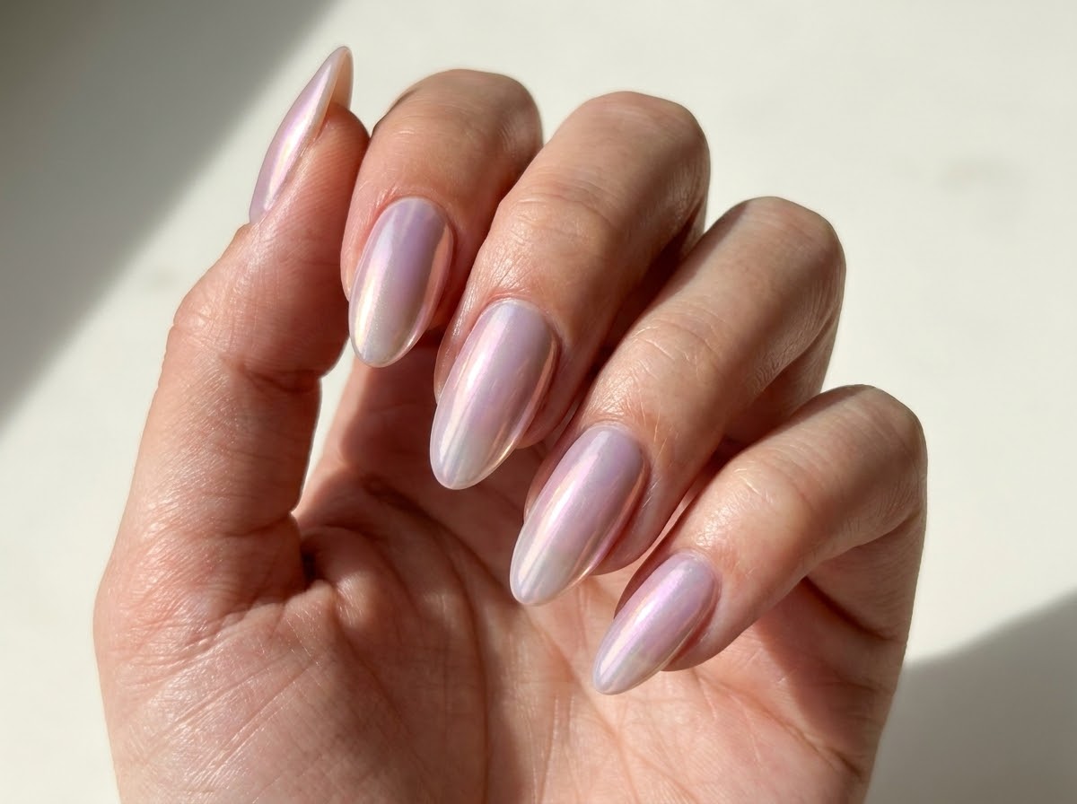 Pale almond nails with lavender, pink, and subtle yellow iridescent reflections.