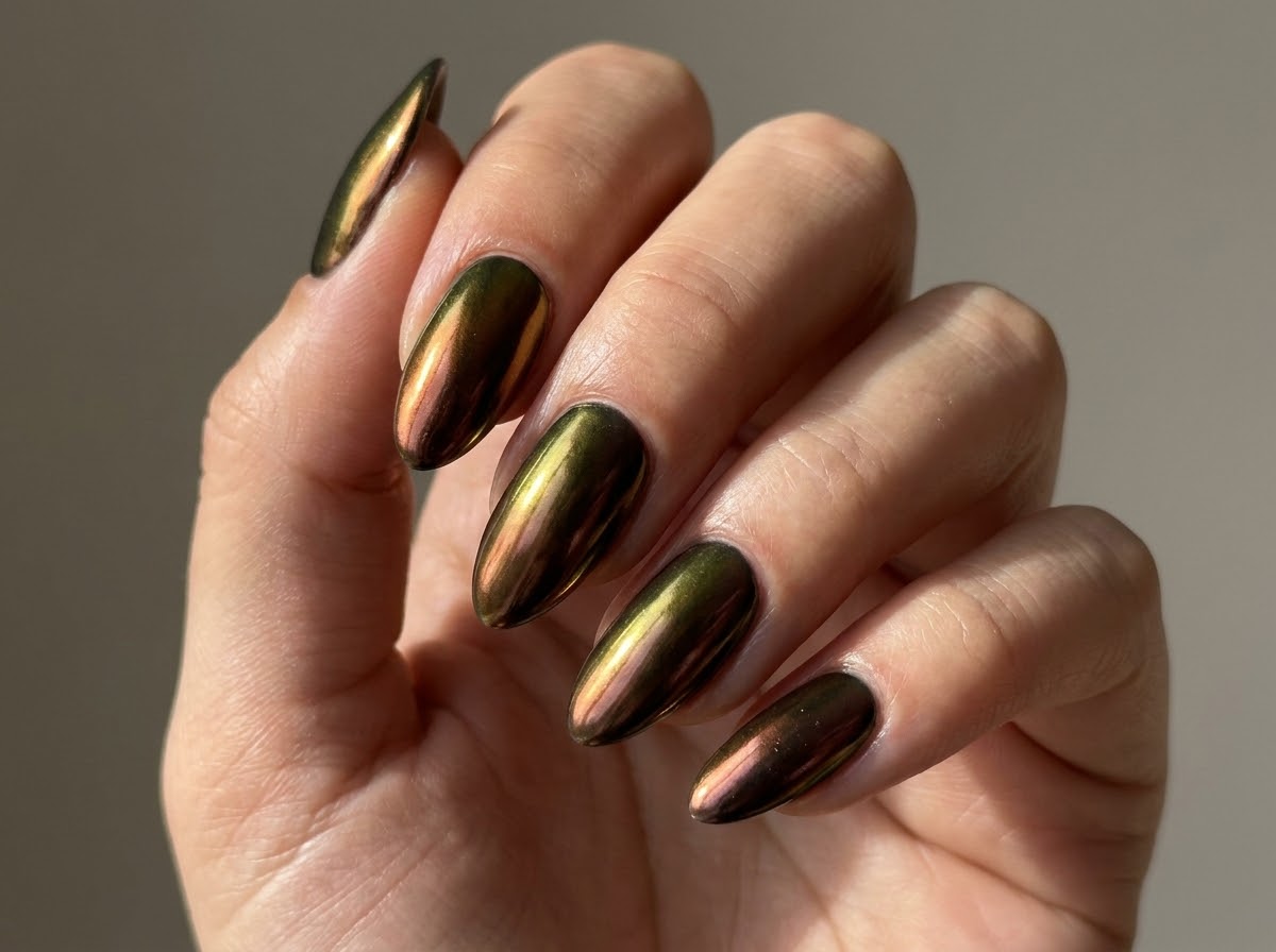 Dark almond nails showing olive-green, golden, and copper-rust reflections.
