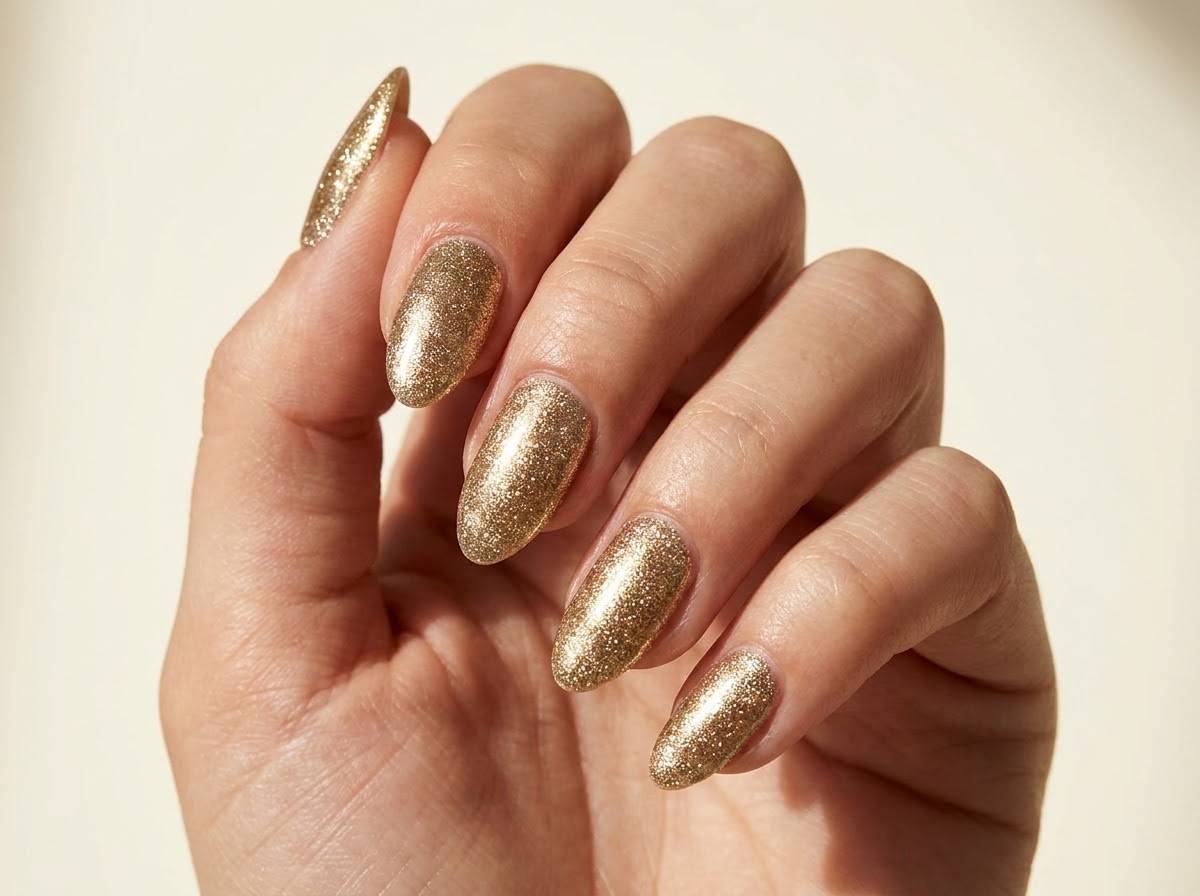 Almond nails covered in dense fine gold glitter with bright reflective highlights.