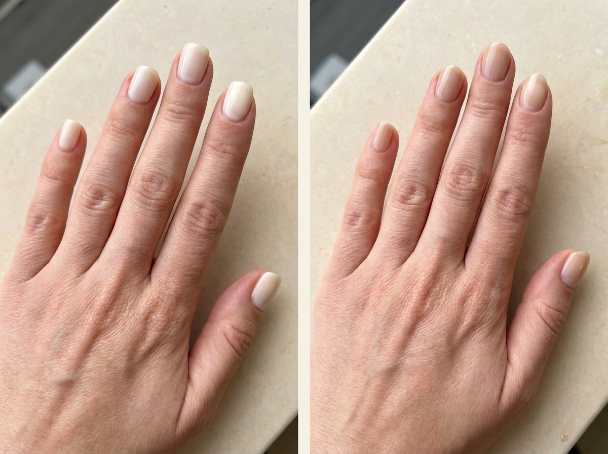 Short squoval nails in warm translucent vanilla white compared with short rounded nails in oat-beige milk.