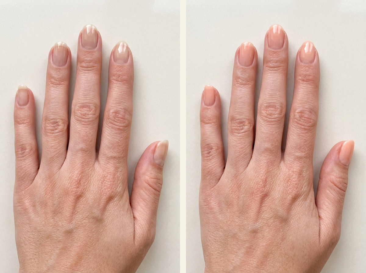 Translucent chai-beige milky nails beside soft peach milk nails with a glossy autumn finish.