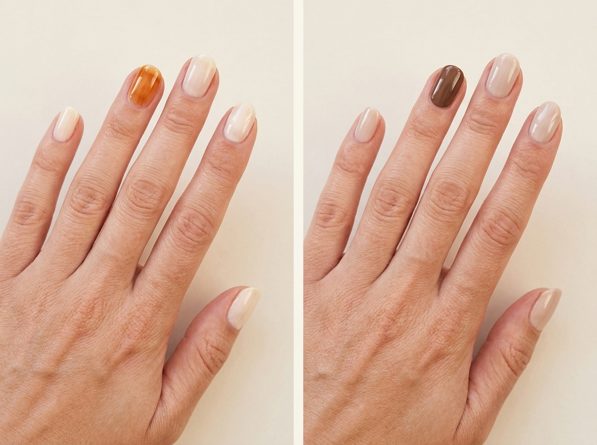 Vanilla milky nails with one translucent amber accent compared with oat milk nails and one glossy mocha accent.