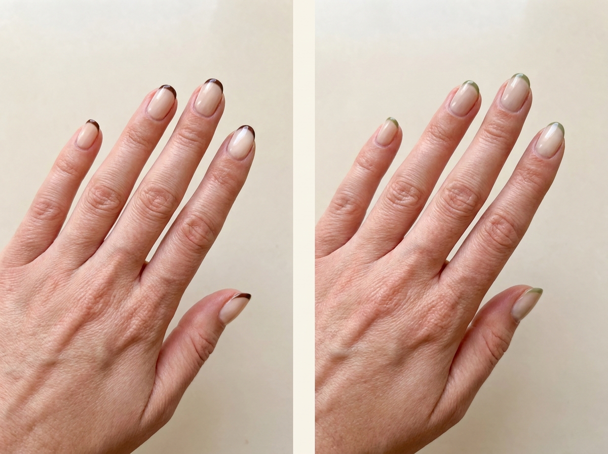 Vanilla milky nails with chocolate micro French tips beside oat milk nails with fine olive-green tips.