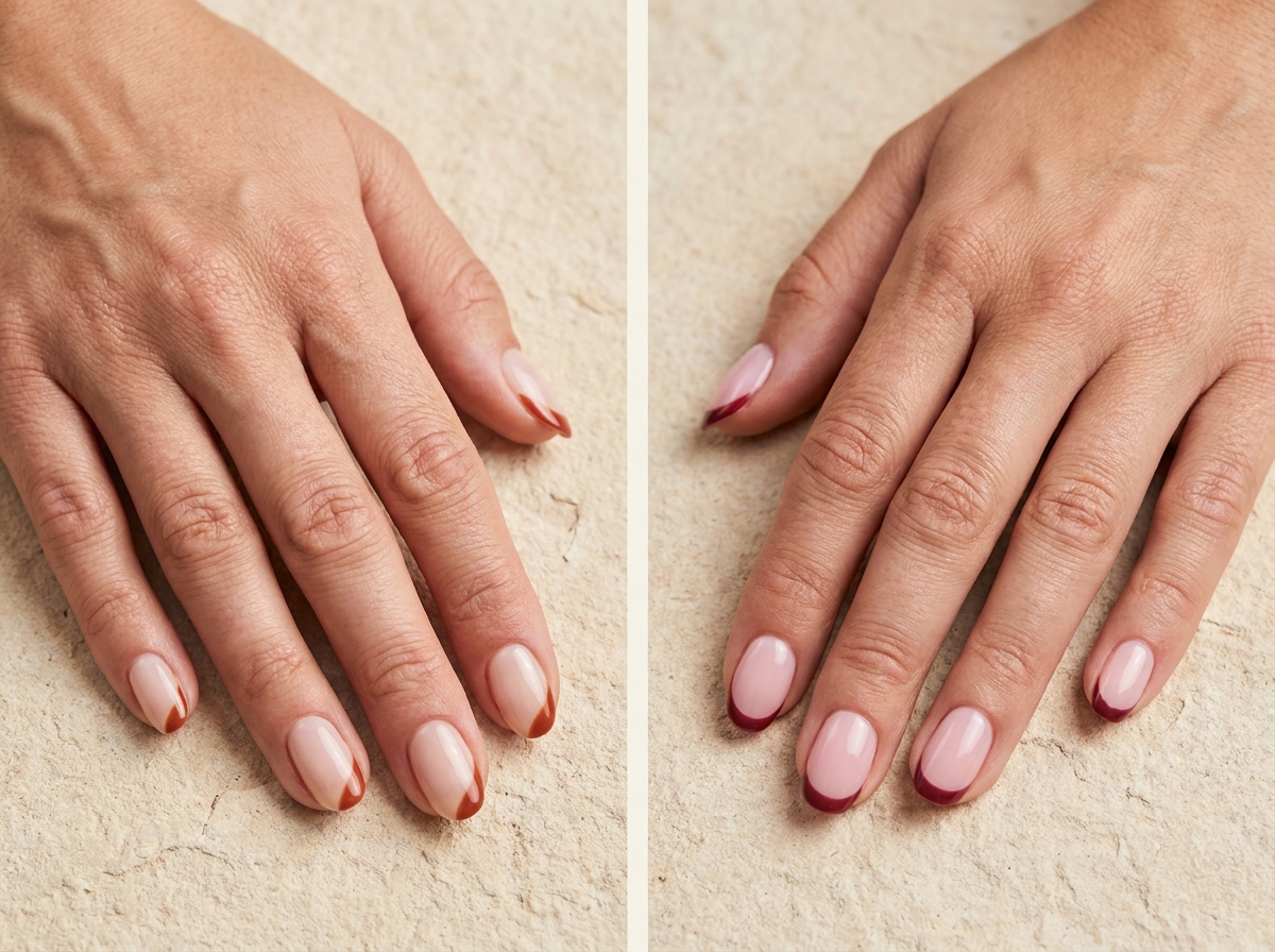 Milky nude nails with narrow rust side-swept tips compared with milky pink nails and shallow burgundy French tips.