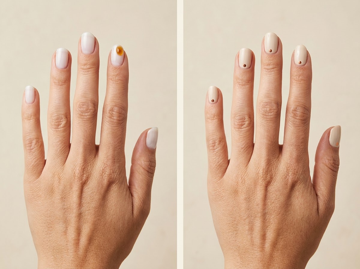 Milk-white nails with one tiny amber corner detail beside oat-milk nails with small flat copper dots near the cuticles.