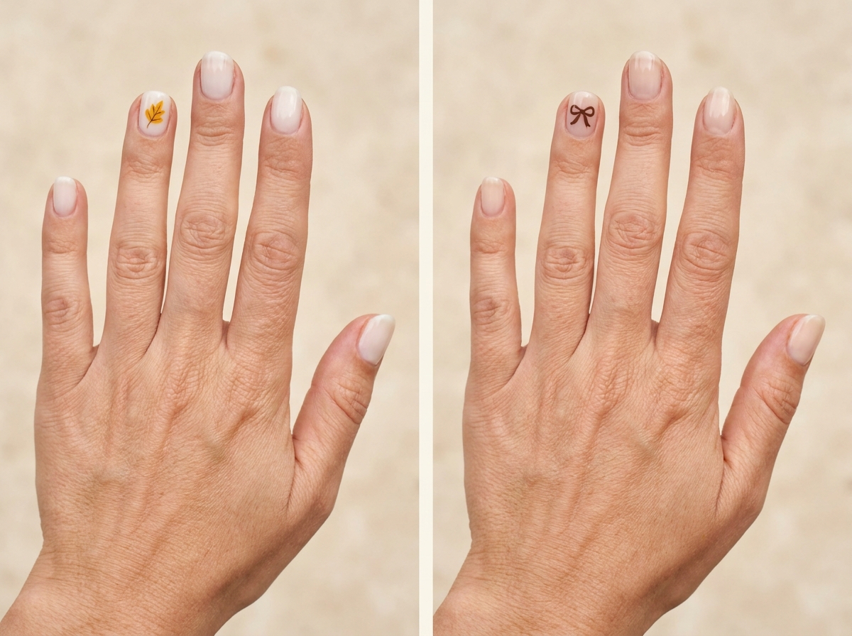 Warm milky white nails with one fine ochre leaf compared with vanilla milk nails and a tiny flat cocoa-brown bow.
