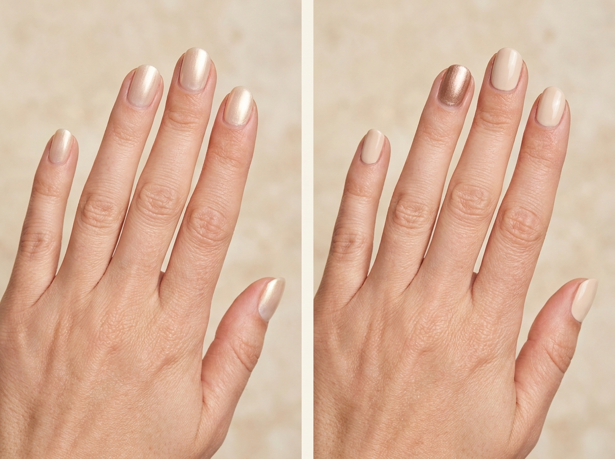 Vanilla milky nails with fine champagne pearl beside oat-milk nails with one softly shimmering bronze accent.