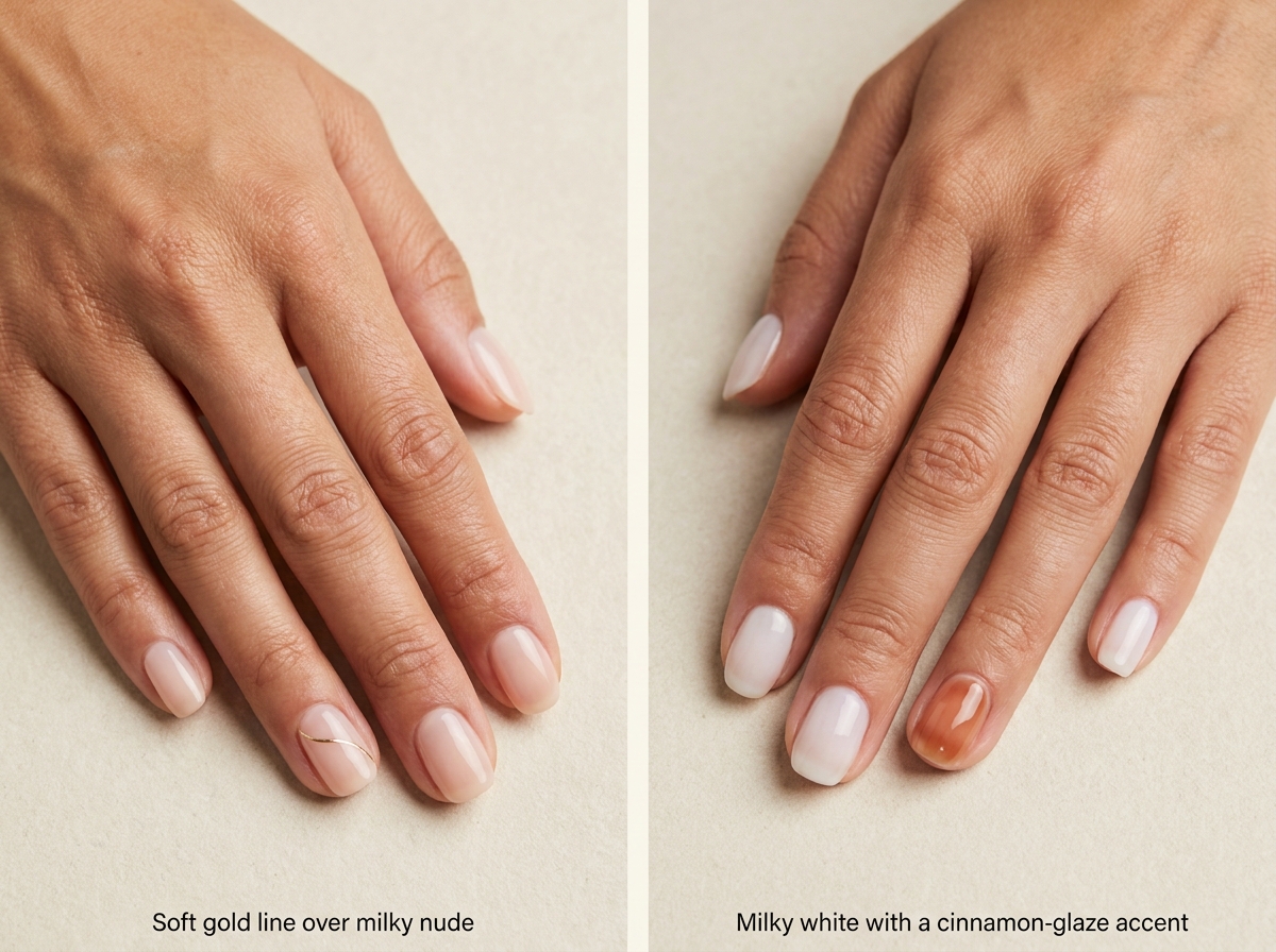 Milky nude nails with one fine gold curve compared with milk-white nails and a translucent cinnamon-glaze accent.