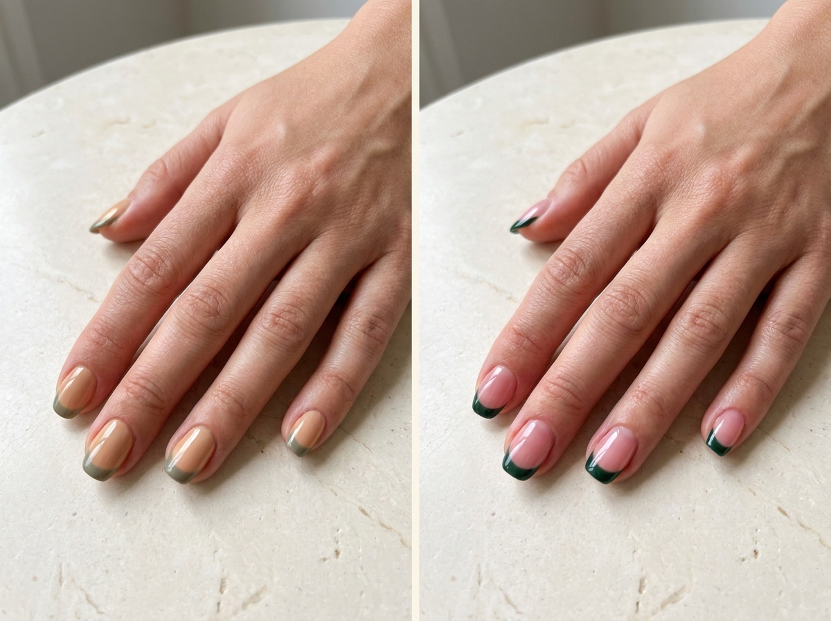 French olive sur nude chaud à gauche et French vert forêt sur base rosée à droite.