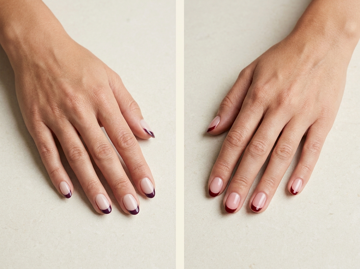 Pointes French prune sur nude laiteux à gauche et French bordeaux sur rose naturel à droite.