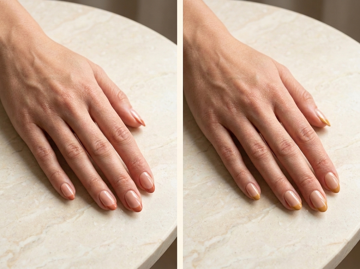 French terracotta sur base beige rosé à gauche et French ocre miel sur nude beige à droite.