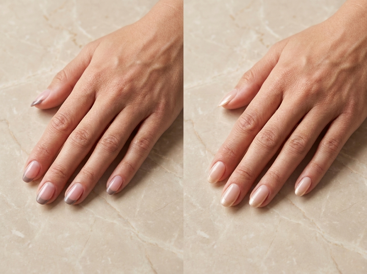 French taupe sur rose translucide à gauche et French champagne nacrée sur nude laiteux à droite.