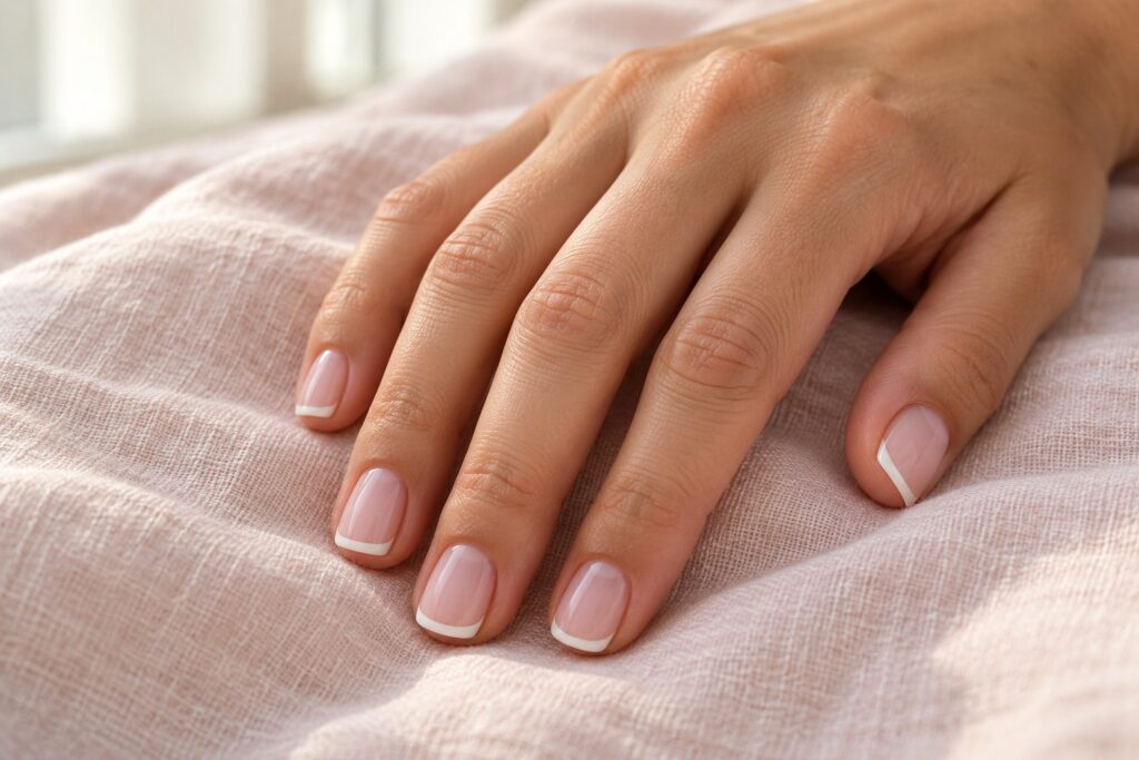 Illustrated thin white French tips on short squoval nails