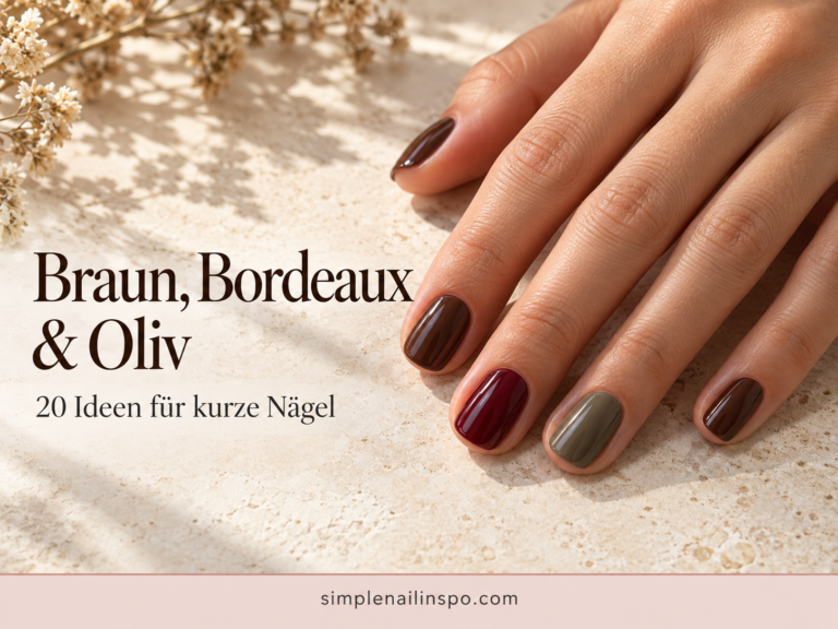 Kurze November-Nägel in Braun, Bordeaux und Oliv mit eleganten Herbstfarben.