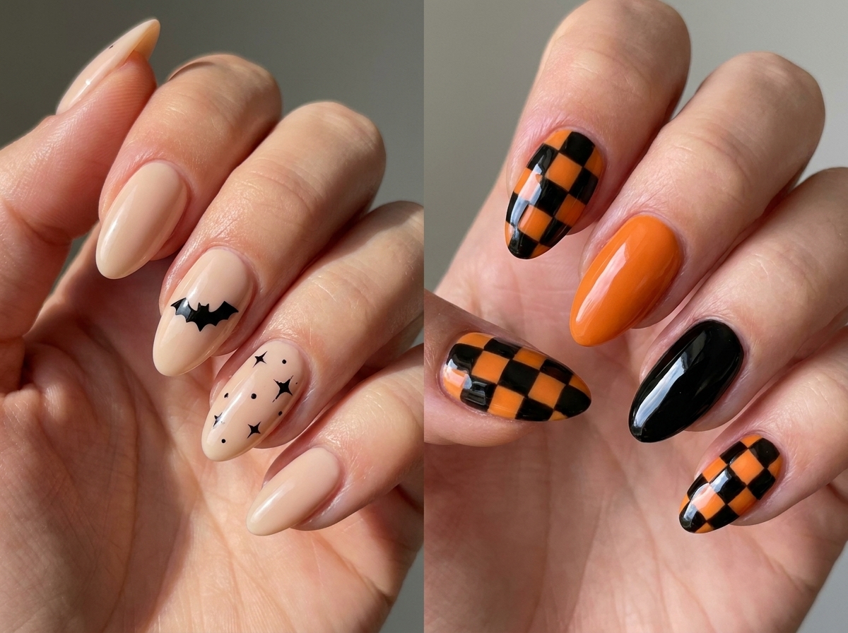 Two Halloween manicure ideas: nude nails with small black bat accents and orange-and-black checkerboard nails.