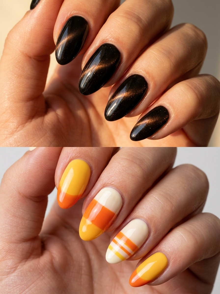 Two Halloween manicure ideas: black magnetic cat-eye nails and cream-orange-yellow candy-corn color-block nails.