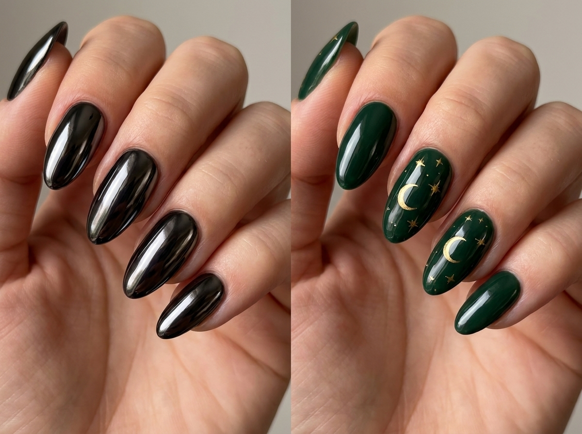 Two dark Halloween manicure ideas: reflective black chrome nails and deep green nails with gold moon-and-star details.