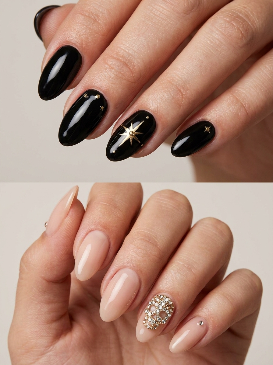 Two Halloween manicure ideas: glossy black nails with a small gold starburst and nude nails with a jeweled skull-style accent.