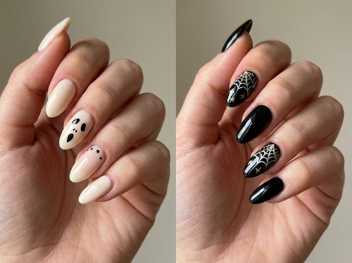 Two Halloween manicure ideas: creamy nude ghost-face nails and glossy black nails with white spider-web accents.
