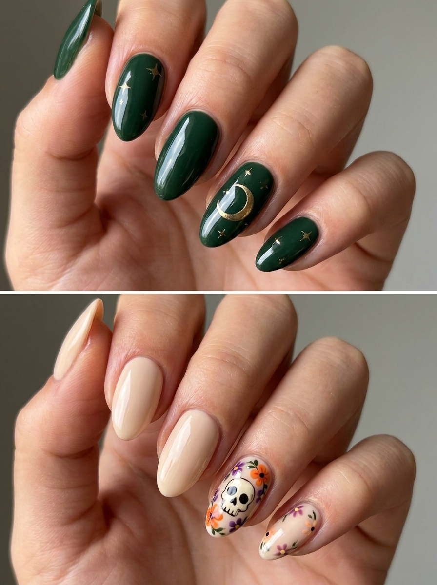 Two Halloween manicure ideas: deep green nails with a small gold crescent and neutral nails with a colorful floral skull accent.
