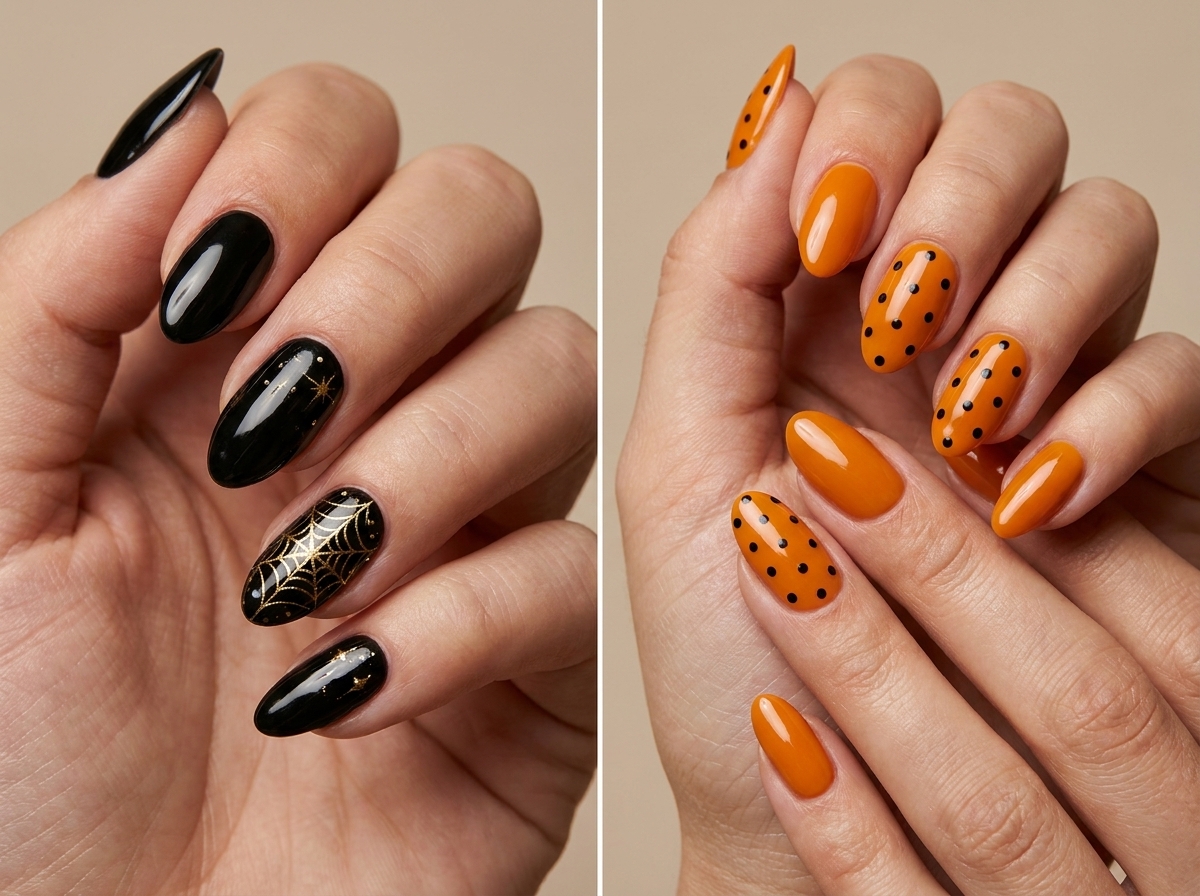 Two Halloween manicure ideas: glossy black nails with a gold spider-web accent and orange nails with small black dots.