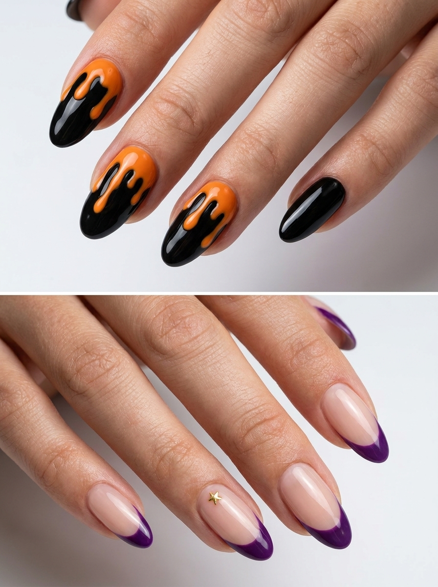 Two Halloween manicure ideas: black-and-orange drip nails and sheer nude nails with narrow purple French tips.