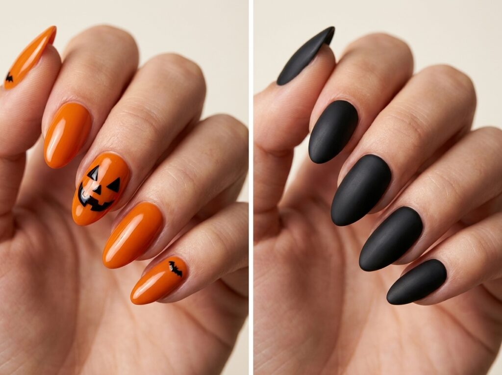 Two Halloween manicure ideas: glossy orange nails with a jack-o-lantern accent and almond-shaped matte black nails.