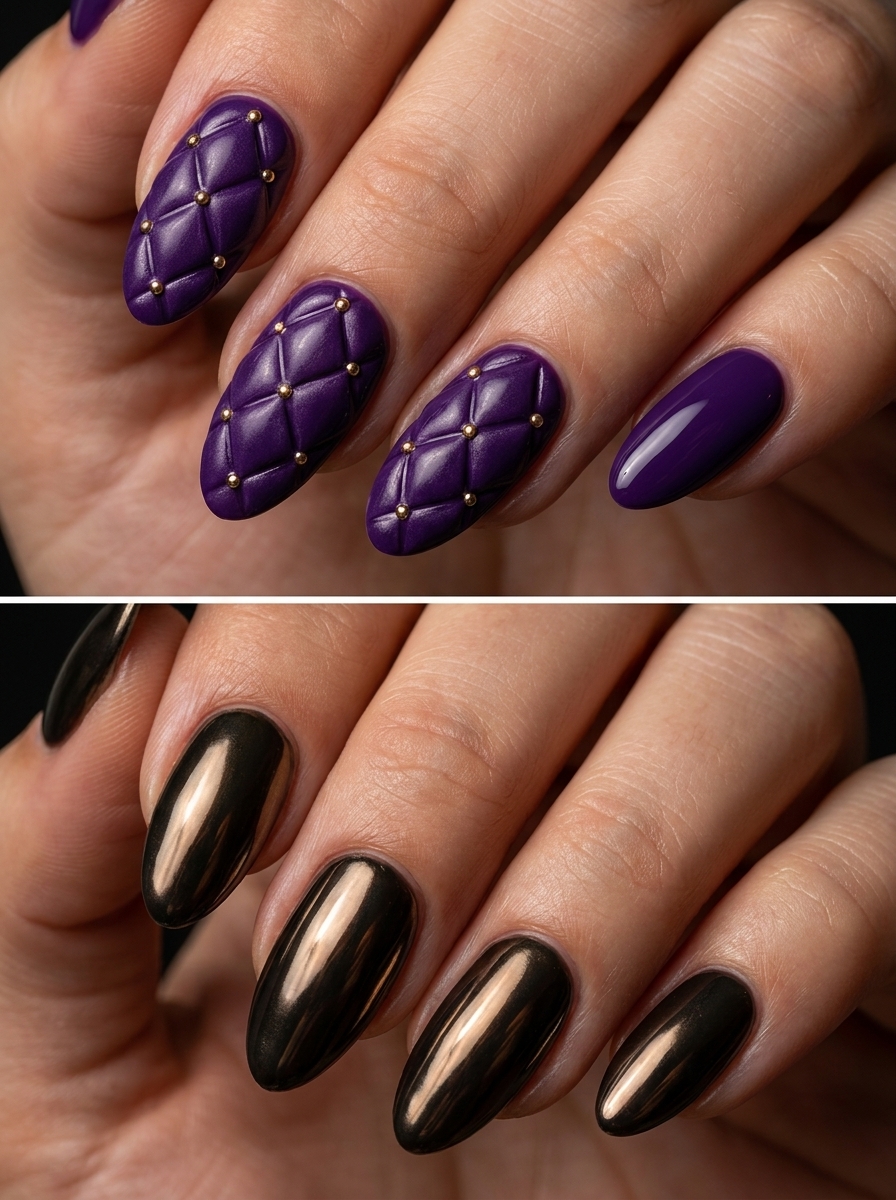 Two Halloween manicure ideas: glossy purple quilted-effect nails and dark bronze-black chrome nails.