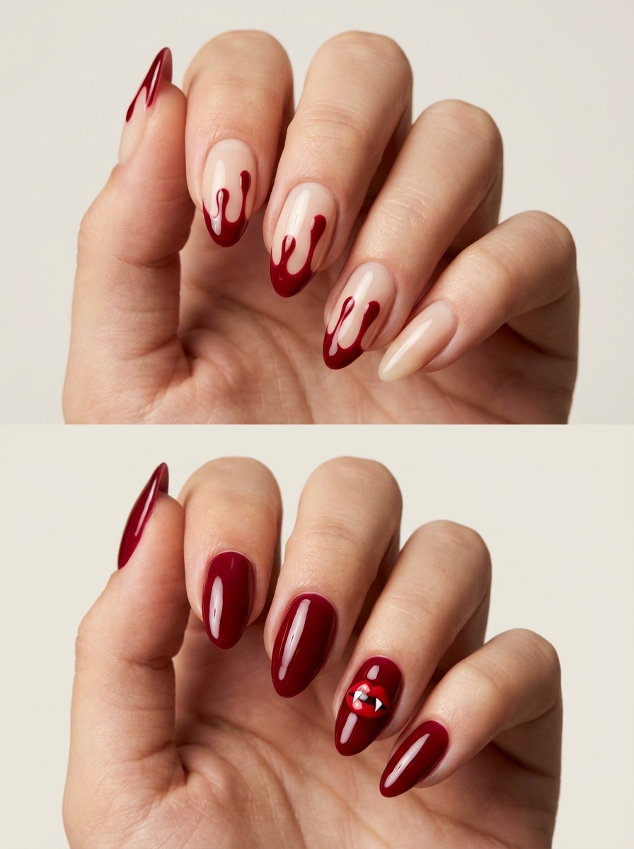 Two vampy Halloween manicure ideas: nude nails with dark red drip details and glossy wine-red nails with tiny vampire-inspired accents.