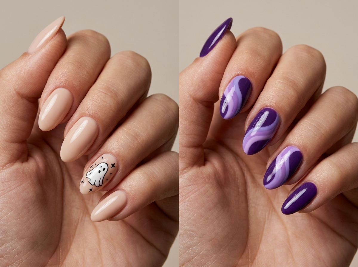 Two Halloween manicure ideas: neutral nails with a tiny white ghost and glossy purple nails with pale wavy accents.