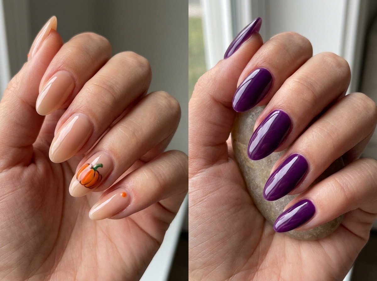 Two Halloween manicure ideas: sheer nude nails with a tiny orange pumpkin and glossy deep-purple nails.