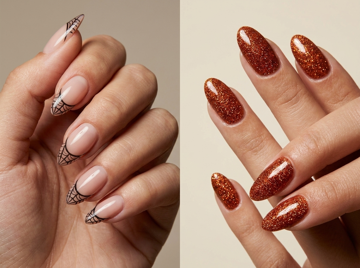 Two Halloween manicure ideas: nude nails with black spider-web French tips and sparkling burnt-orange glitter nails.