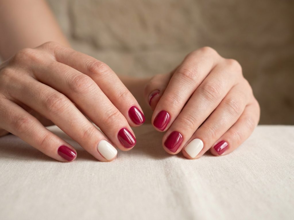 Matching berry manicures use one cream ring nail on each hand.