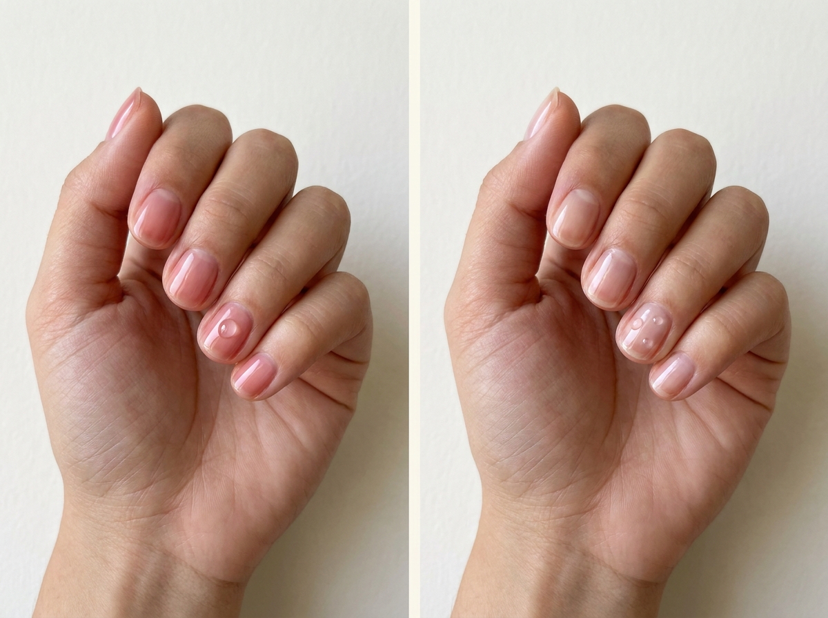 Left: One clear drop on rose syrup. Right: Two tiny drops on a clear-looking nail. Two manicure designs.