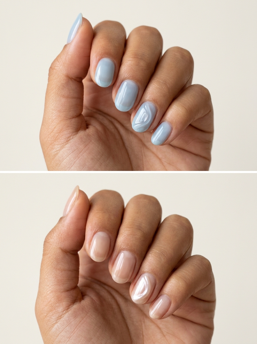 Top: Clear side ripple on blue jelly. Bottom: Pearly low wave accent. Two manicure designs.