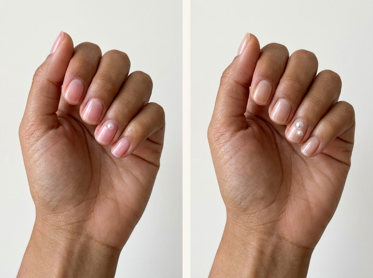 Left: Single miniature pearl. Right: Two unequal pearls. Two manicure designs.