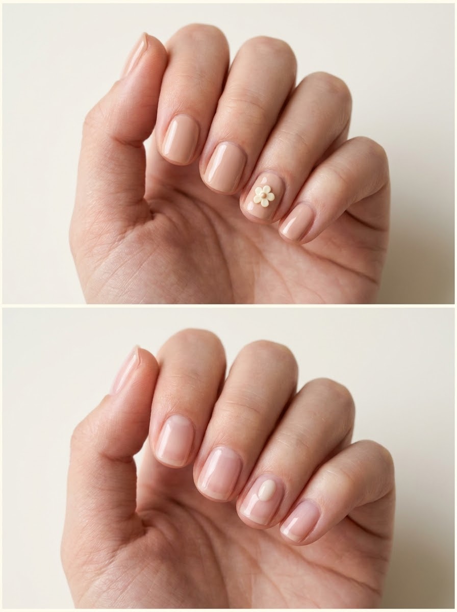 Top: Tiny cream flower charm. Bottom: One smooth pale oval accent. Two manicure designs.