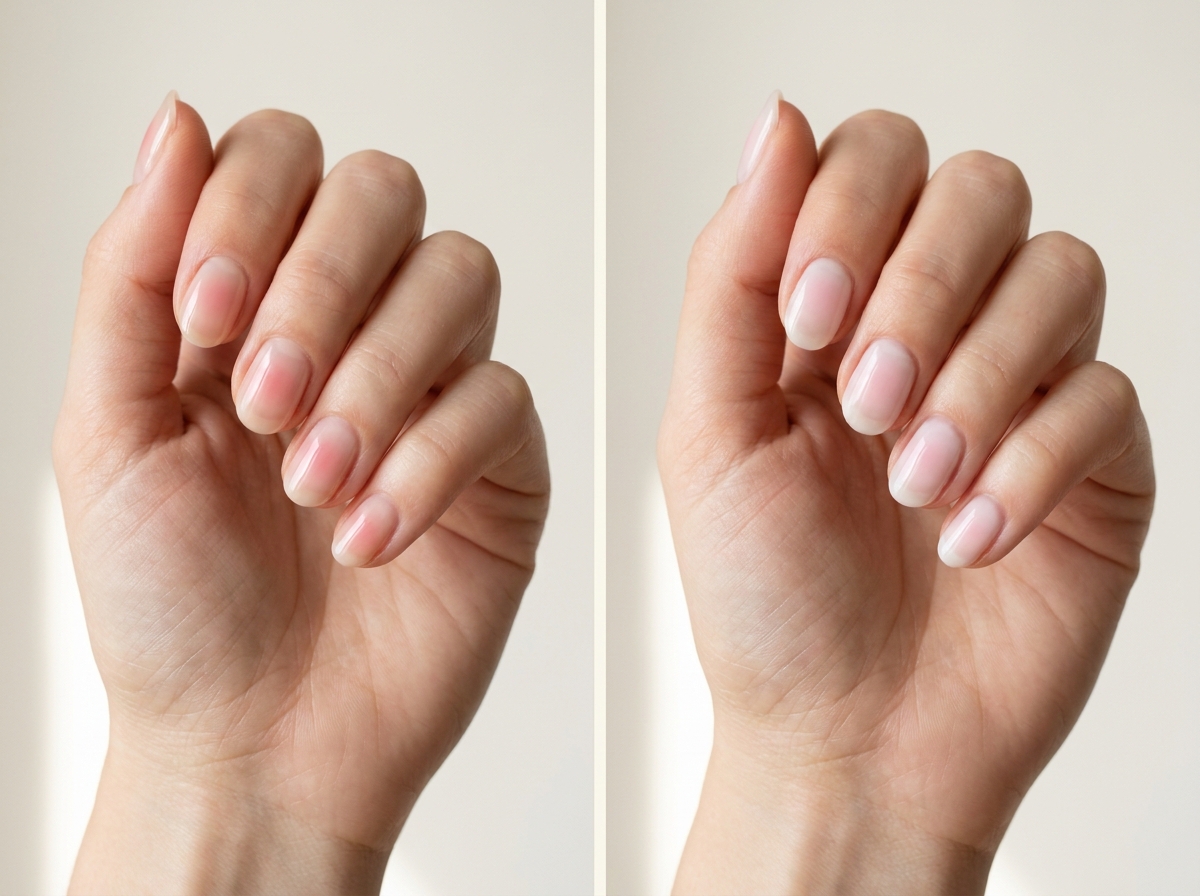 Left: Rose center on a sheer base. Right: Baby-pink blush on milky white. Two manicure designs.