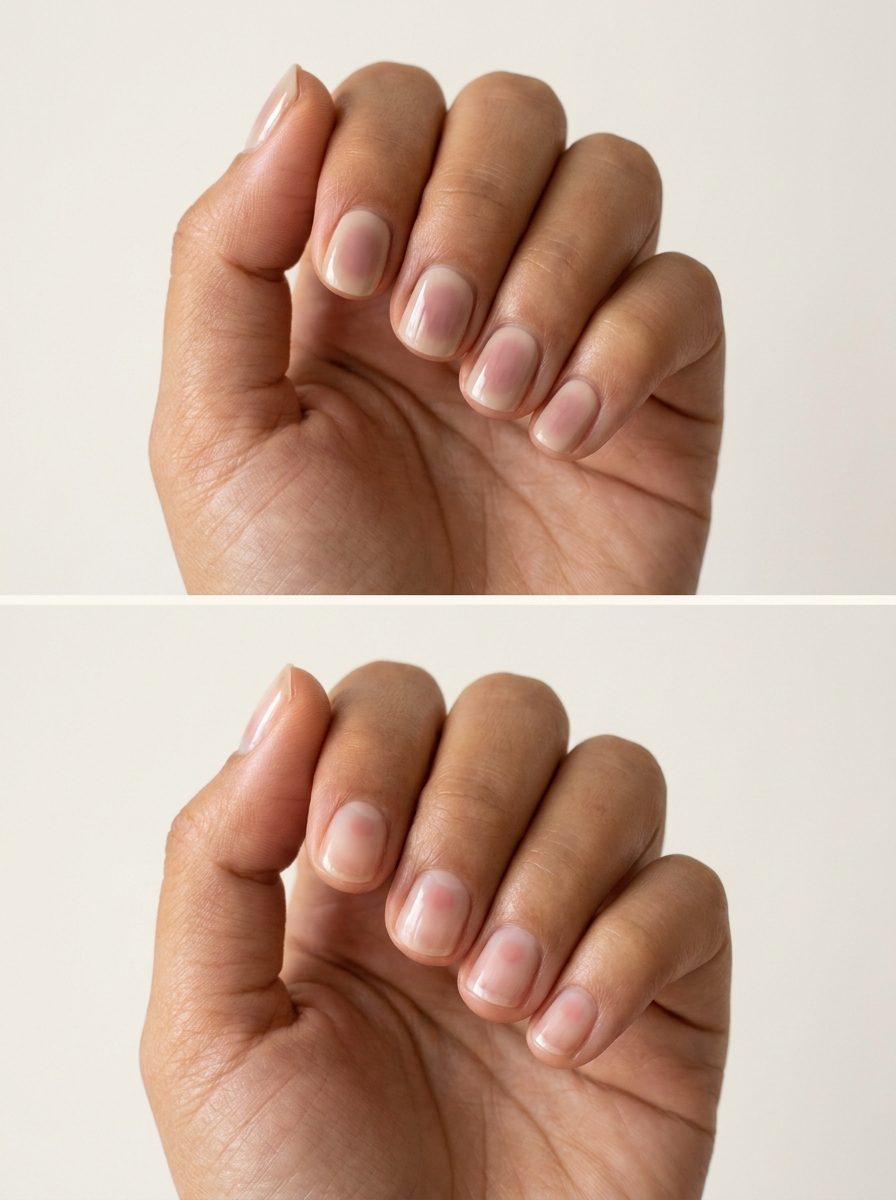 Top: Dusty rose on neutral beige. Bottom: Tiny pink blush on clear-looking nails. Two manicure designs.
