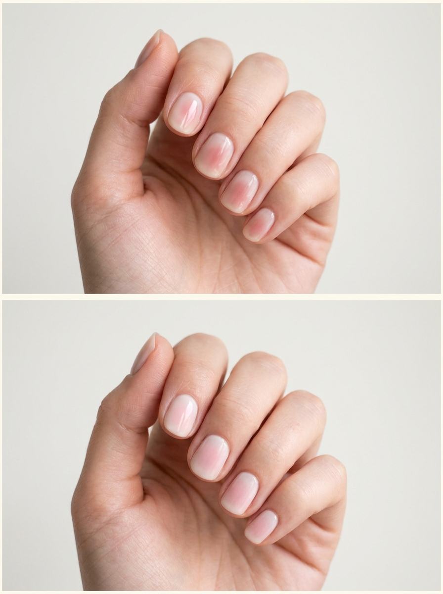 Top: Off-center rose cloud. Bottom: Wide pale blush. Two manicure designs.