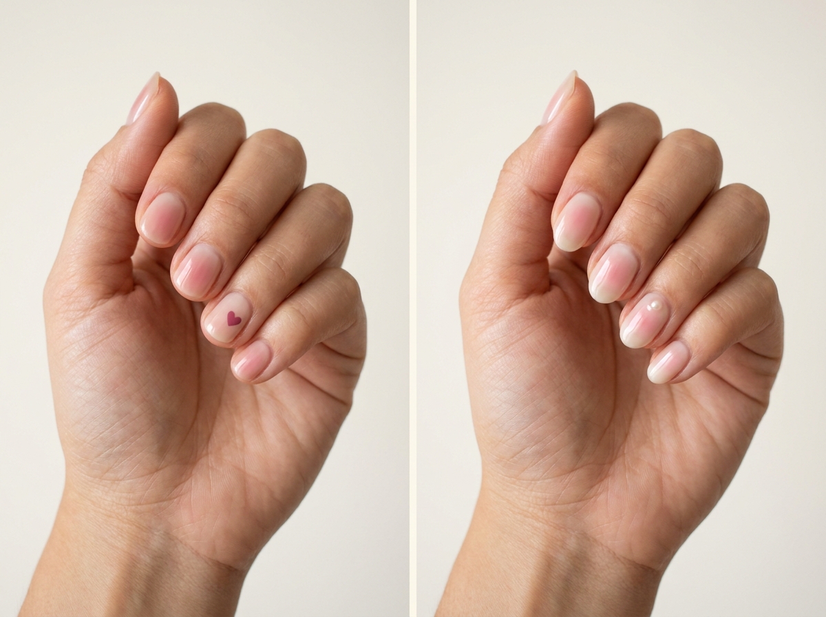 Left: One tiny heart beside the blush. Right: A pearl below the pink center. Two manicure designs.