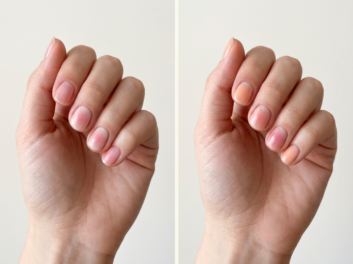 Left: Two blush nails with three plain tints. Right: Alternating peach and rose blush. Two manicure designs.