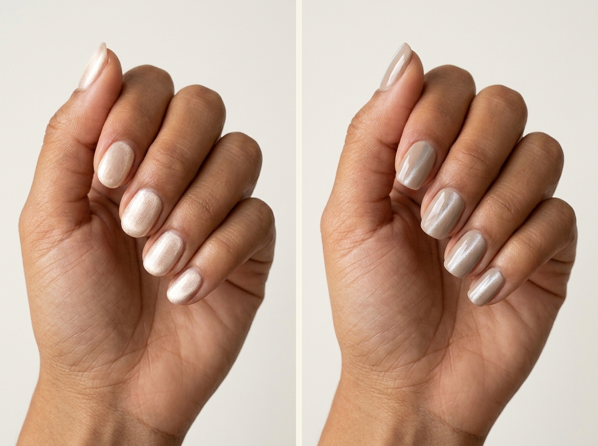 Left: Champagne velvet-like rounds. Right: Beige with a narrow silver beam. Two manicure designs.