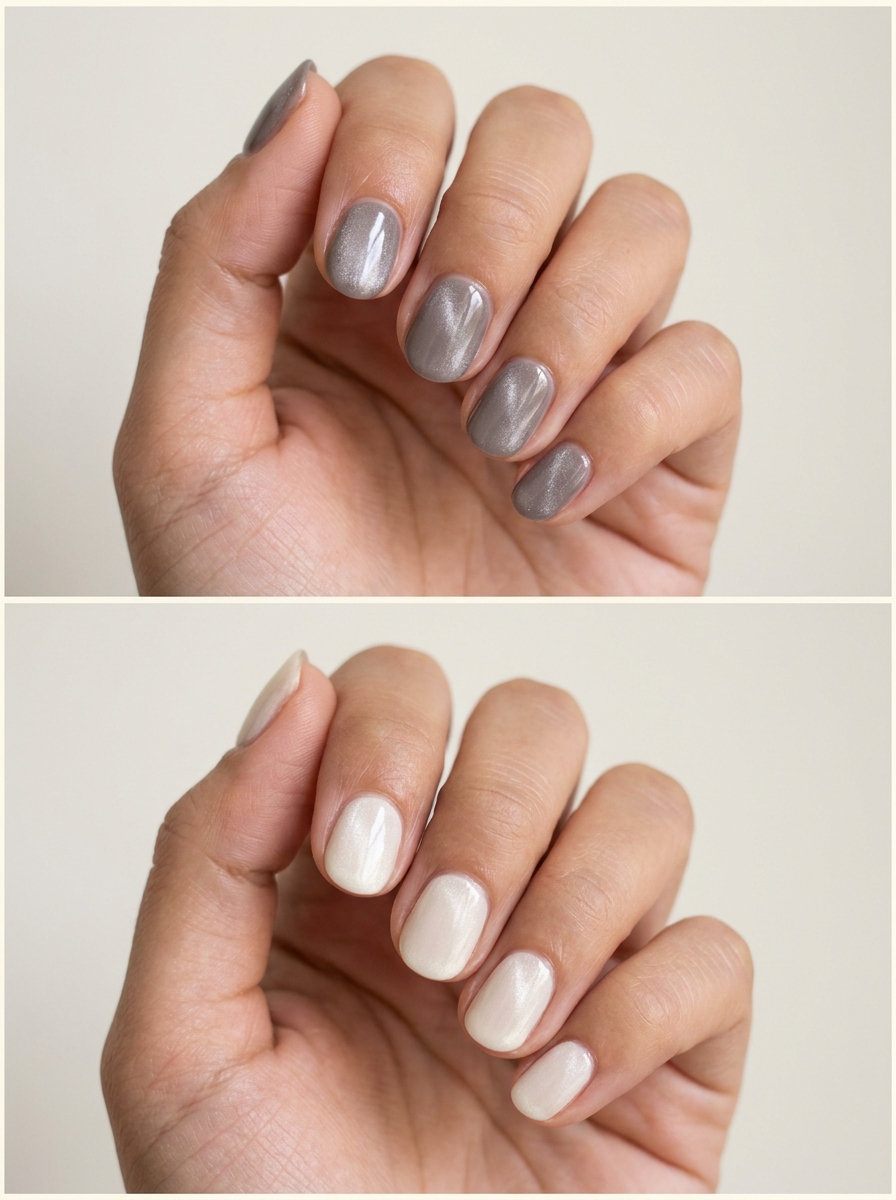 Top: Soft taupe magnetic glow. Bottom: Ivory pearl-like cat-eye. Two manicure designs.