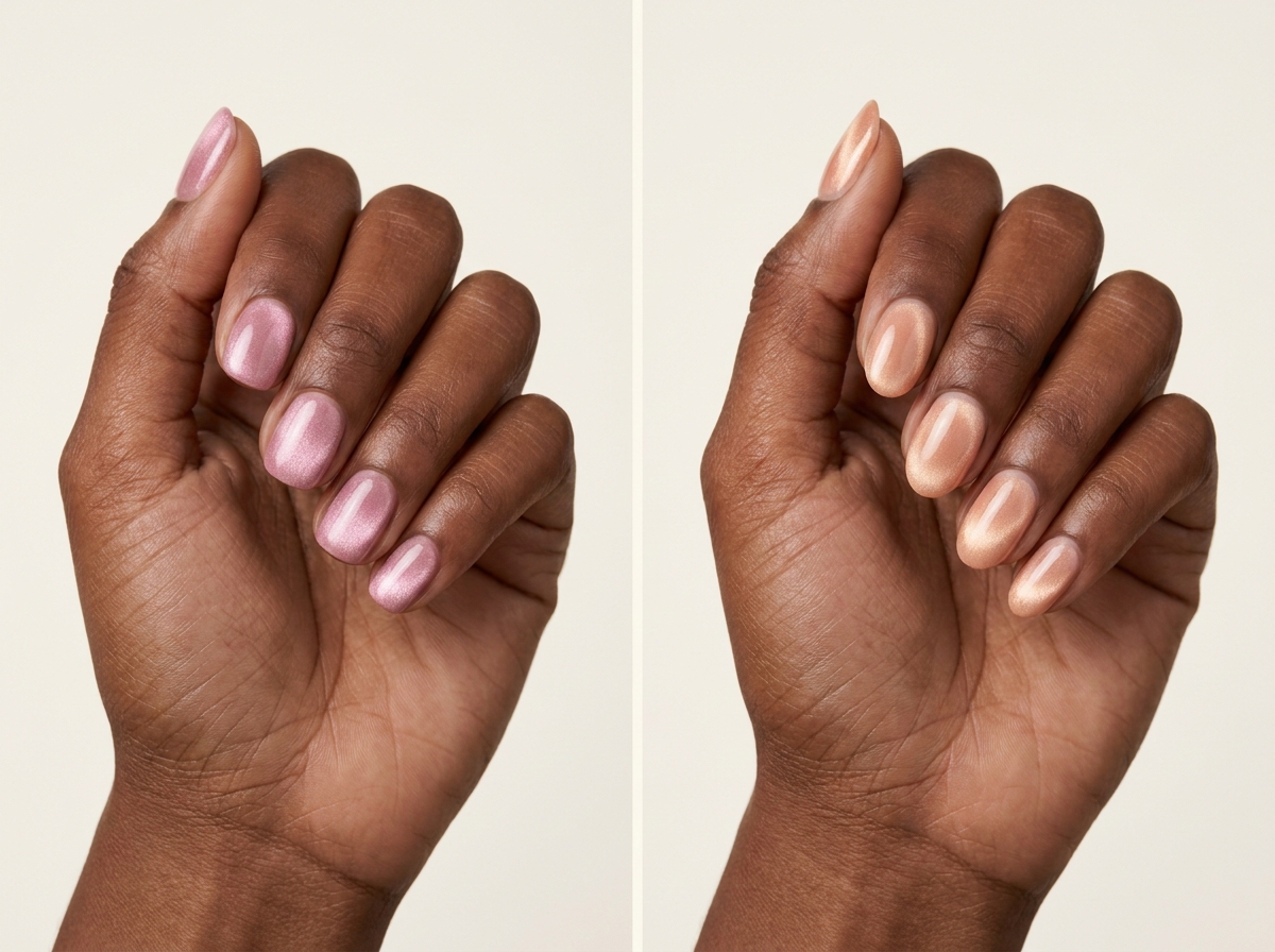 Left: Rose-pink velvet glow. Right: Peach-champagne reflection. Two manicure designs.