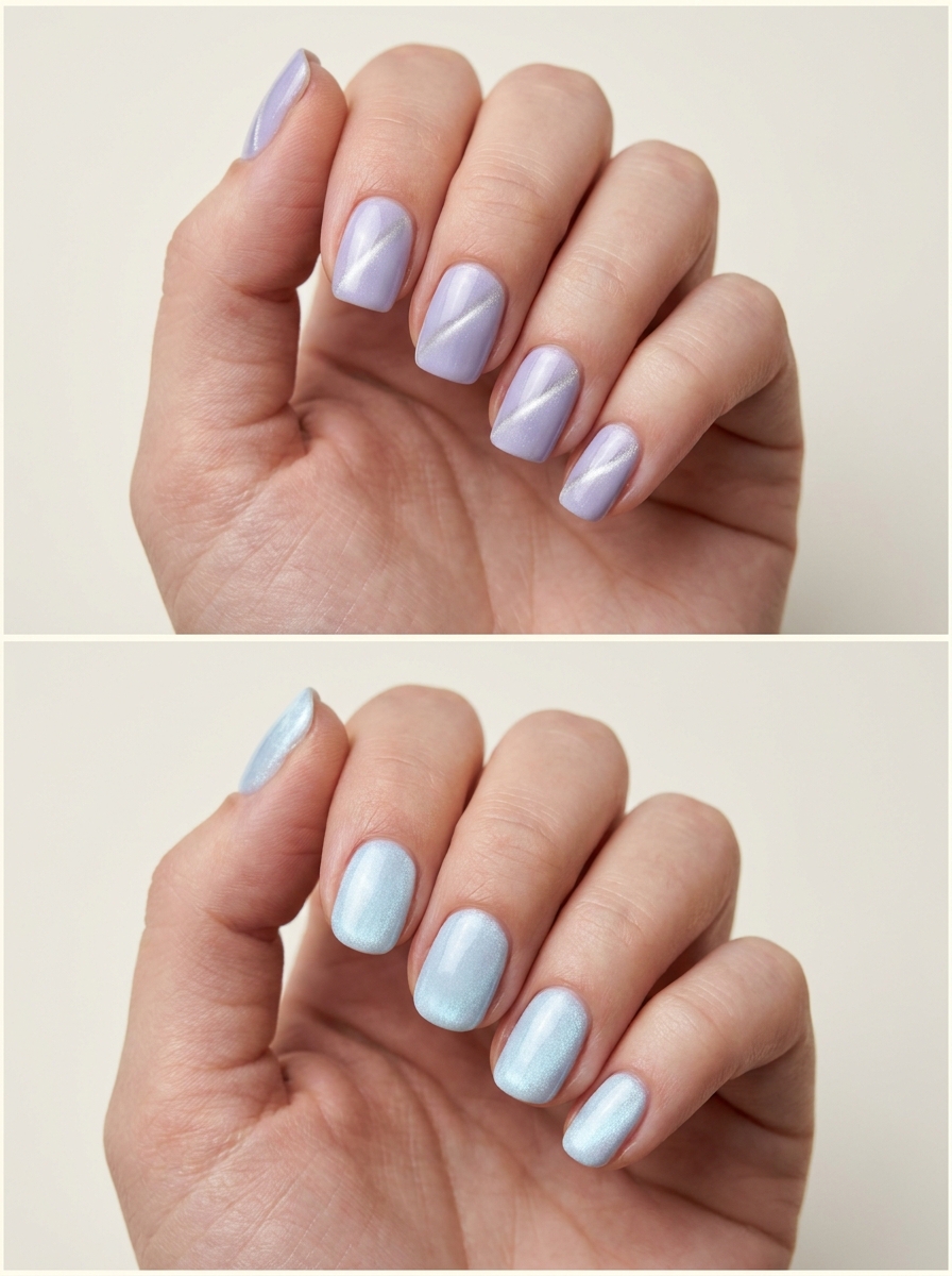 Top: Lavender with a silver diagonal. Bottom: Icy blue dispersed shimmer. Two manicure designs.