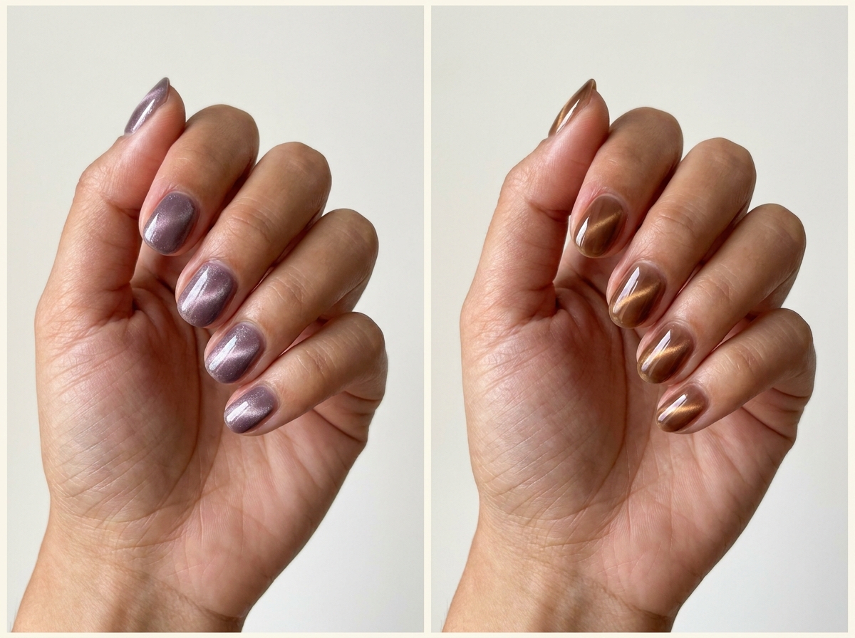 Left: Smoky mauve cat-eye. Right: Tea-brown golden light. Two manicure designs.